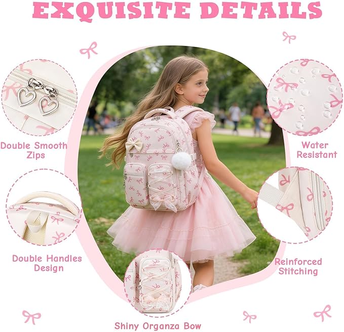 MOONBABY Kids Backpack for Girls, Fits 15.6 Inch Laptop Large Capacity School Bookbag, Girls Backpack with Lovely Pendant, Back to School Bag for Elementary Primary Students Teen Ages 6-12, Beige
