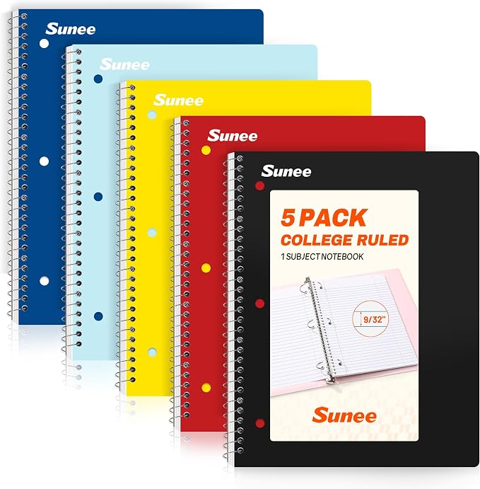 SUNEE Spiral Notebooks, 1-Subject, 5 Pack, College Ruled Paper, 8" x 10-1/2", 70 Sheets per Notebook, 3-Hole Punched Paper, Spiral Lined Notebooks for School, Work, Classic Colors