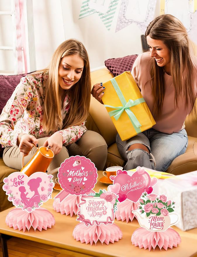 Mothers Day Table Decorations - Mother's Day Decorations Centerpieces for Tables, 9Pcs 3D Best Mom Honeycomb Centerpiece Pink Flower Table Topper for Mother's Party Supplies, Gifts for Mom