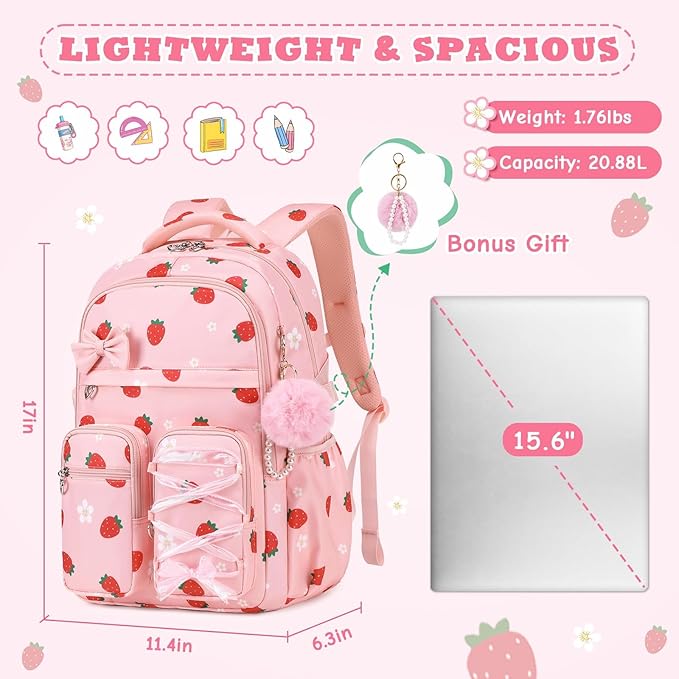 MOONBABY Kids Backpack for Girls, Fits 15.6 Inch Laptop Large Capacity School Bookbag, Girls Backpack with Lovely Pendant, Back to School Bag for Elementary Primary Students Teen Ages 6-12, Pink