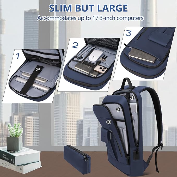 Business Backpack for Men Slim Lightweight Laptop Backpack for 17.3 Inch Computer Water Resistant Small Office Backpack for Commute Travel Daily Office Work with Small Bag (Blue, 17.3")