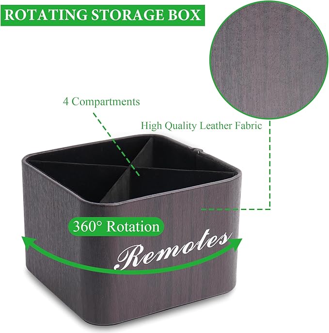 Square Leather Art Supply Organizer,Remote Control Holder with Removable Dividers,360°Rotatable Pencil Holders,4 Compartments Organizer for Office Supplies Storage Box(1-Dark Brown)