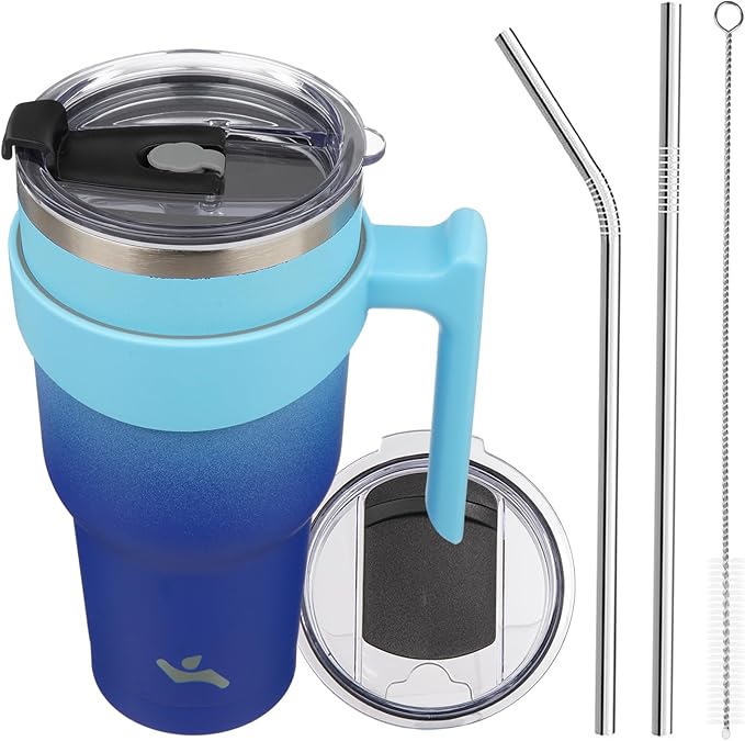 Konokyo 40 oz Tumbler with Handle and 2 Straw 2 Lid, Insulated Water Bottle Stainless Steel Vacuum Cup Reusable Travel Mug,Sky