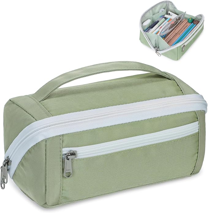 Large Pencil Pouch - 8 Compartments, Wide Handle Organizer Bag | Wide Open Pen Bag, Flexible Dividers & Side Pockets, Handle, 900D Fabric, College Supplies for Teens, Green
