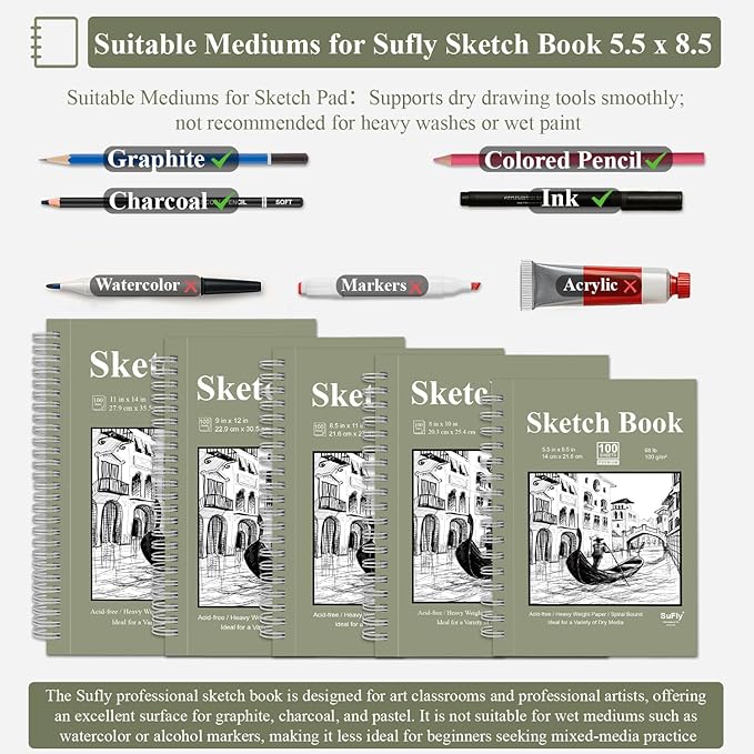 SuFly Small Sketchbook, Sketch Book 5.5 X 8.5, Pack of 1 (68lb/100gsm), 100 Sheets Artist Sketch Pad, Acid Free Drawing Paper, Art Paper for Drawing and Painting & Adults.