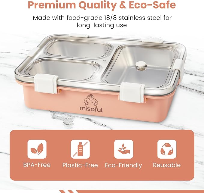 Bento Lunch Box for Kids Age 8+, Teens, Adults - 1000ml Stainless Steel School Lunchbox, 3 Compartments, Non-Microwavable, Compact BPA-Free Food Container for School Lunches, Snacks, Travel - Pink