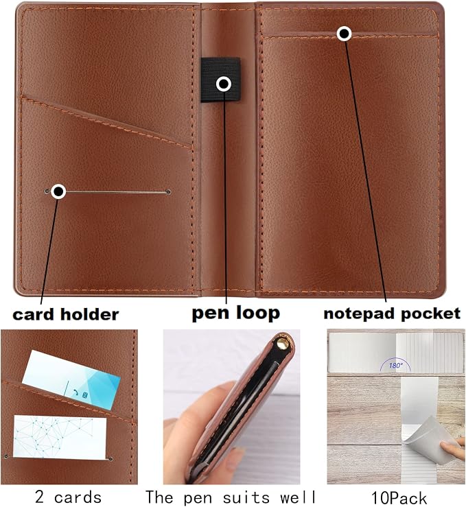 13 Pack Mini Pocket Notepad Set,Included Leather Pocket Notepad Holder,10 Pack 3×5 Inch Small Notebook Refills,Writing Pads with 30 Lined Paper Per,Scratch Pads,Memo Pads,2 Metal Ballpoint pens(Brown)