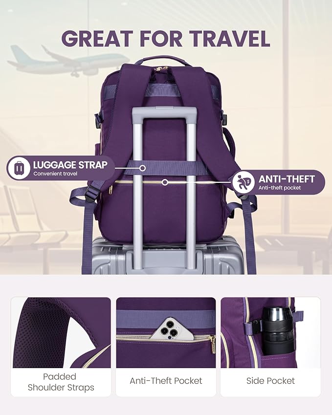 LOVEVOOK Travel Backpack for Women & Men 40L,Airline Approved Carry On Backpack Travel Essentials,TSA Carry on Luggage,Waterproof Personal Item Travel Bag,Suitcase with 3 Packing Cubes,Dark purple