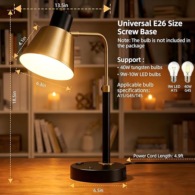 Desk Lamp with Dual USB Charging Port, Heavy Duty Metal Table Lamp, 340 Degree Swivel Arms, Easy Assembly with Cord Guide, Reading Lamp for Home Office Bedroom, Black & Gold (Bulb Not Included)