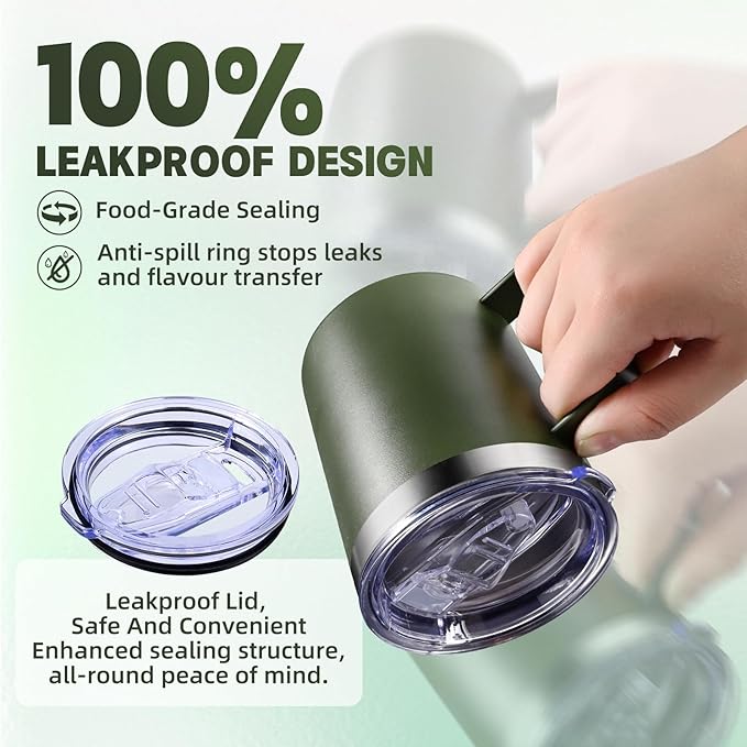 12oz Insulated Coffee Mug with Handle, Stainless Steel Wide Mouth Travel Tumblers with Lid, Double Wall Vacuum Coffee Cup for Camping, Office, Army Green 8 Packs