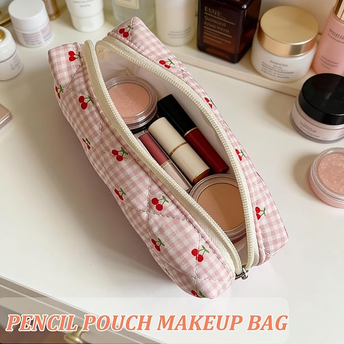 Pencil Pouch Cute Pencil Case Office Storage Bag Holder Box Organizer Aesthetic Bow Flower Pattern Makeup Pouch Cosmetic Bag for Women Girls (Pink plaid+Cherry)