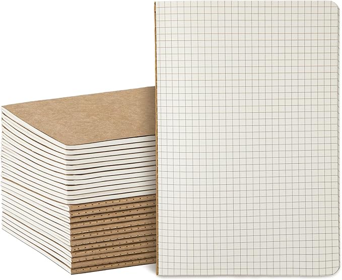 24 Pack Kraft Notebooks Bulk A5, 60 Pages Grid Graph Paper Journals, 8.3x5.5 Inches, Natural Kraft Cover Composition Notebooks for School Office Students Artists