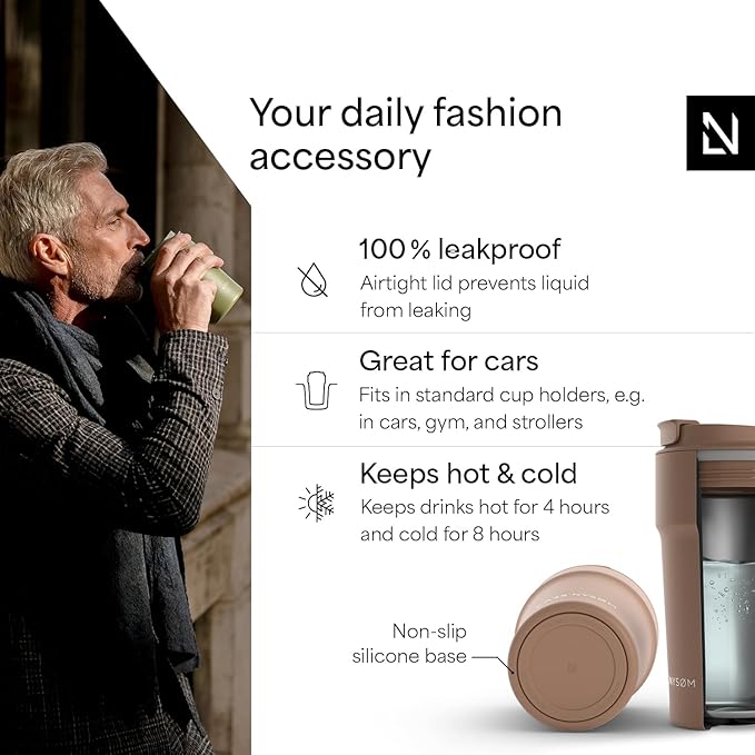 LARS NYSØM Thermo Coffee Mug to go 17oz | Travel Mug 0.5 Liter with Insulation | Silicone grip base | Leak Proof Stainless Steel Tumbler for Coffee and Tea on the Go (Powder Mocha Brown, 17oz)