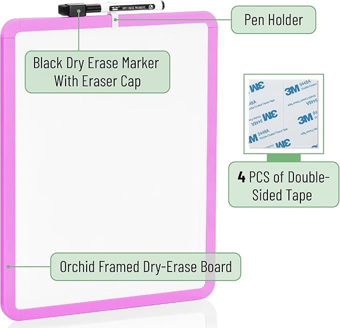 Mr. Pen- Dry Erase Board, 14” x 11” with a Black Dry Erase Marker, Orchid Frame, Small Mini White Board for Students, Fridge, Wall, Locker, Includes Double Sided Tapes