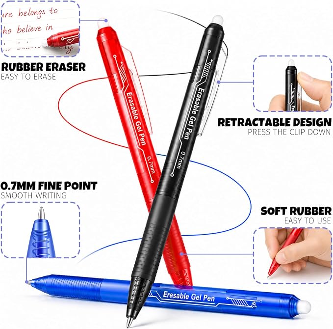 sunacme Retractable Erasable Gel Pens, 12 Color Fine Point Erasable Pens Clicker, Make Mistakes Disappear, Assorted Ink for Drawing, Writing, Planner & Crossword Puzzles (0.7mm, Pack of 12)