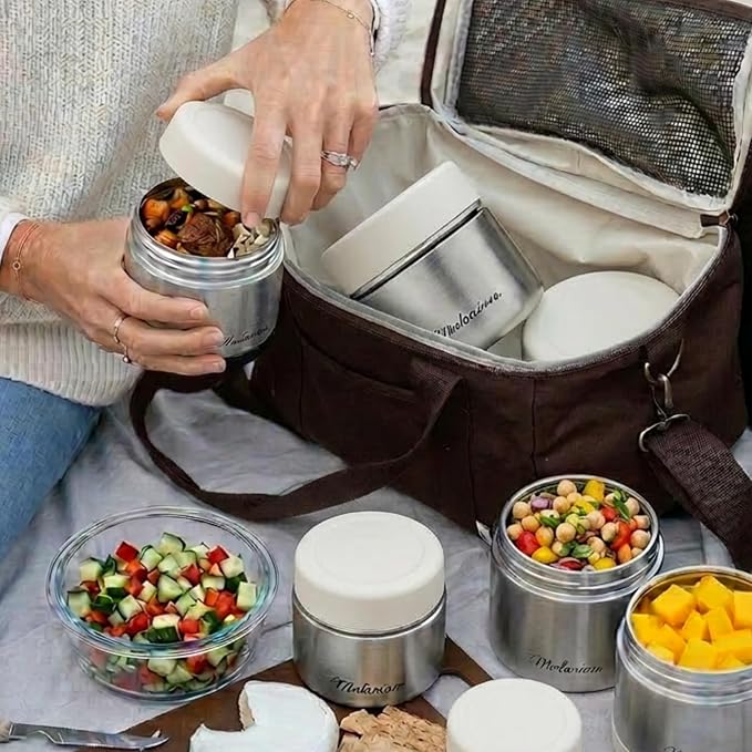 Modaniam Stainless Steel Lunch Containers, Food Jar Travel Containers, Snack Containers, Portable Metal Lunch Box For Yogurt, Oatmeal, Leak Proof, Vanilla - Set of 3 8OZ+16 OZ+ 24 OZ