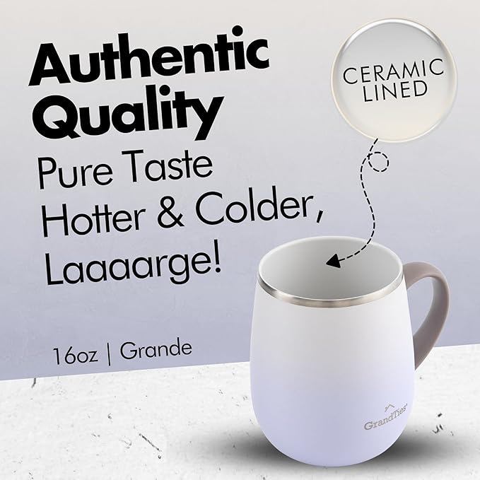 GRANDTIES 16oz Ceramic-Lined Insulated Coffee Mug with Sliding Lid, Wine-Glass Shape Thermal Tumbler with Double Walled Vacuum to Keeps Beverages Hot or Cold (Soft Lavender)