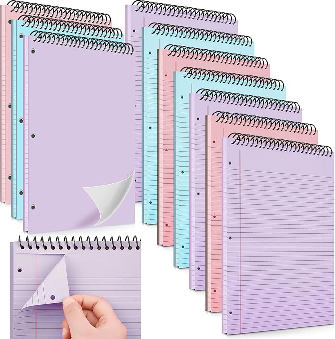 MotiMind 10 Pack 8.5" x 11" Top Spiral Notebook with 3 Hole Punched Legal Pads College Ruled Notepad 50 Sheets Hard Cardboard Paper Wirebound Notepad for Office School Business(Pink, Blue, Purple)