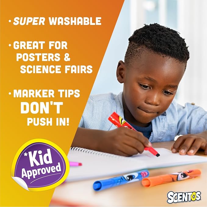 Scentos Scented Chisel Tip Markers 8 Pack, With Fruit Scent, 8 Assorted Colors, Different Fruity Each, Washable Markers, Marker for Kids, for Posters and Science Fairs, Super Washable Ink.