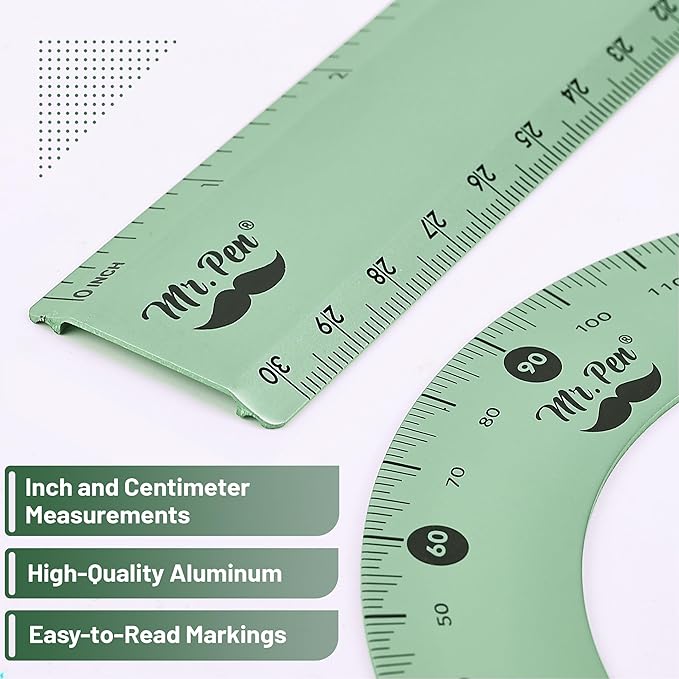 Mr. Pen- Metal Geometry Kit, 4 Pack, 45° & 30°/60° Set Squares, 6" Protractor & 12" Ruler, Durable Metal Drafting Tools for Technical Drawing, Math, Engineering & Architecture
