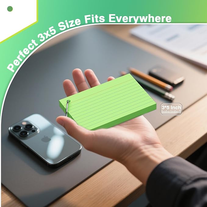 250 Count Green Index Cards with Ring 3 x 5 Inch Heavyweight Ruled Index Cards, Flash Cards for School & Office Supplies and Home Organization, Durable Study To Do List Note Cards with Ruled Lines