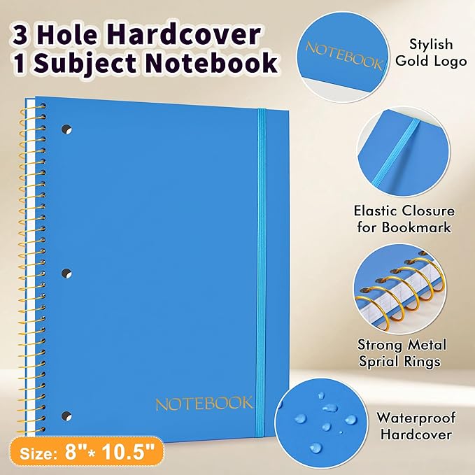 MUAHLIUB Spiral Notebook College Ruled Paper 8" x 10-1/2", 1 Subject Spiral Notebook, 3-Hole Punched Perforated Pages Ideal for School, Office, Writing, 95 Sheets Lined Journaling Notebook, Blue