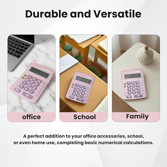 Lily' Home Jumbo 12 Digit with Solar Power, Large LCD Display - Desktop Calculator, Dual Power, Large Button Design, Battery Operation, Easy-to-Read Tilted, for Home, Office, School & Business - Pink