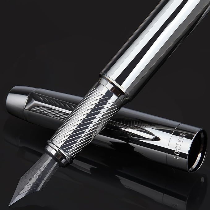 Fountain Pen with Fine Nib & Black Ink, Refillable & Elegant Bent Nib Design, Calligraphy Pens for Writing, Best Fountain Pen for Smooth & Fancy Writing(Grey)