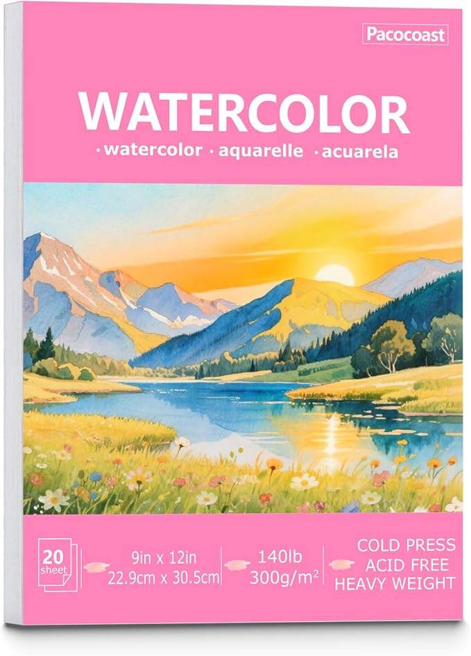 Pacocoast Watercolor Paper, 9"X12" Artist Drawing Paper Pads, (300gsm/140lb) Water Color Sketch Book for Painting, Arts & Crafts Supplies for Adults, Watercolor Journal Notebook, Pink