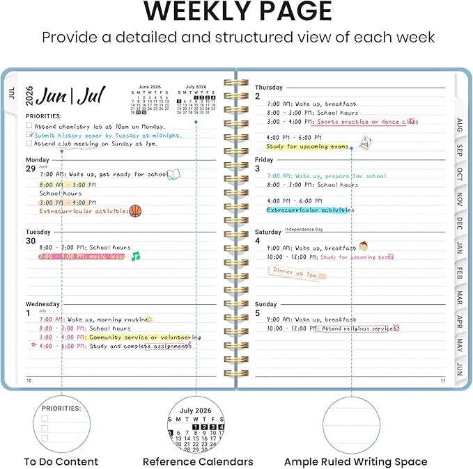Planner 2026-2027 for Women & Men, Set of 3, Academic Monthly and Weekly Calendar Planner, Jul 2026 - Jun 2027, A5 (6.3" x 8.5"), Teacher Student Planning Book with Tabs, Ideal for Office School Supplies - 3 Baby Blue
