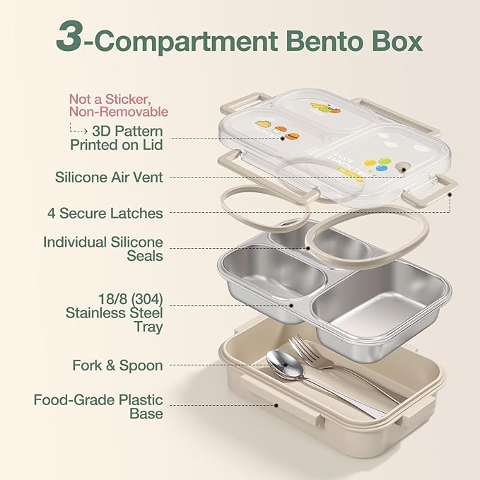 NUKied Stainless Steel Lunch Box for Kids & Adults, 3-Compartment Leak Proof Metal Bento Lunch Box with Fork & Spoon, 26.4 oz Airtight Food Storage Snack Container for School, Work, Travel (Beige)
