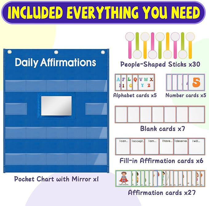 Daily Affirmations Pocket Chart with Mirror for Kids Classroom Teacher Teaching Supplies Calm Down Corner with Behavior Support Cards for School Activities