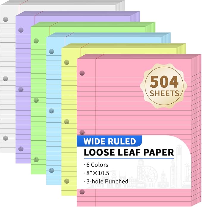 504 Sheets Loose Leaf Binder Paper, 6-Color Wide Ruled Lined Paper, 8” x 10.5”, 3-Hole Punched Notebook Paper Writing Paper for School Office
