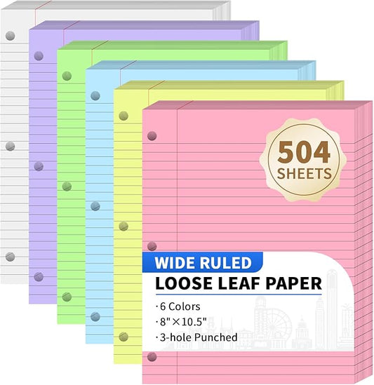 504 Sheets Loose Leaf Binder Paper, 6-Color Wide Ruled Lined Paper, 8” x 10.5”, 3-Hole Punched Notebook Paper Writing Paper for School Office
