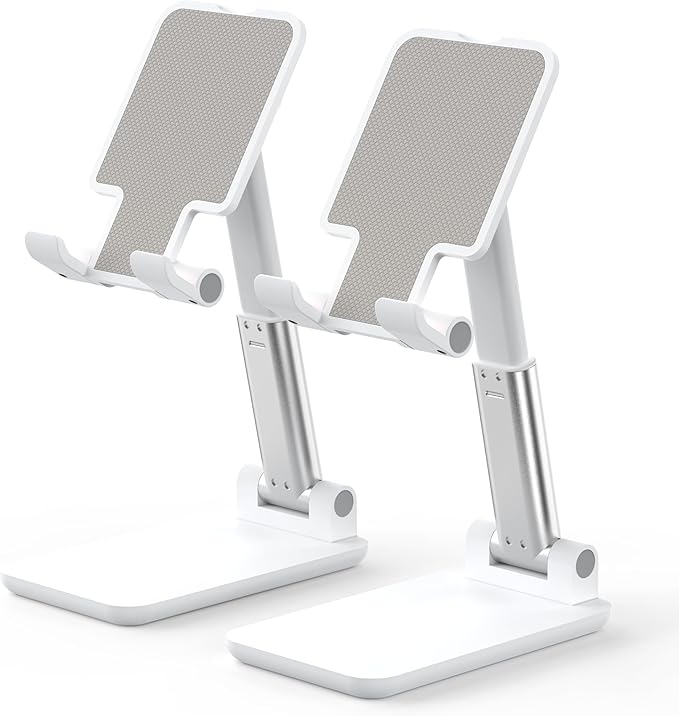 Cell Phone Stand, Adjustable Angle and Height Cell Phone Holder for Desk, Foldable and Portable, Anti-Slip Silicone Pad, Compatible with All Mobile Phones and 4-8 Inch Devices (White&White)
