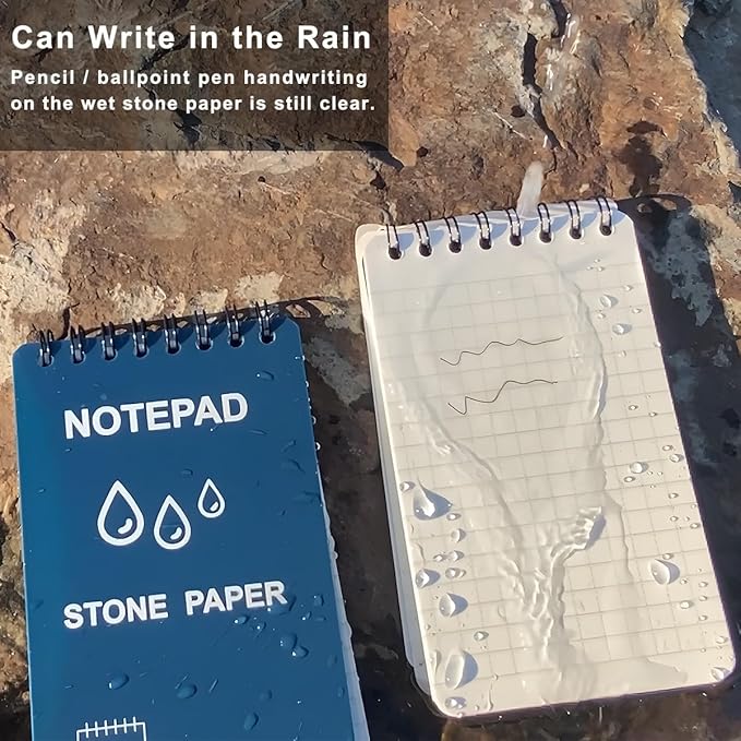 4PCS Weatherproof Spiral Notebook 3x5 Inch with Stone Graph Paper and PVC Cover, Small Pocket Notebook A7, All-Weather Steno Pads for Outdoor Field Adventure (Blue, 4 Pack)