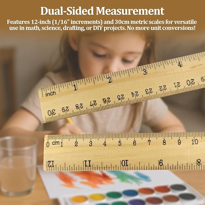 Wooden Ruler 12 Inch Bulk Dual-Sided Inches & Metric Measuring Stick for Classroom, Office, School for Teachers, Students, Artists (10 Pack)