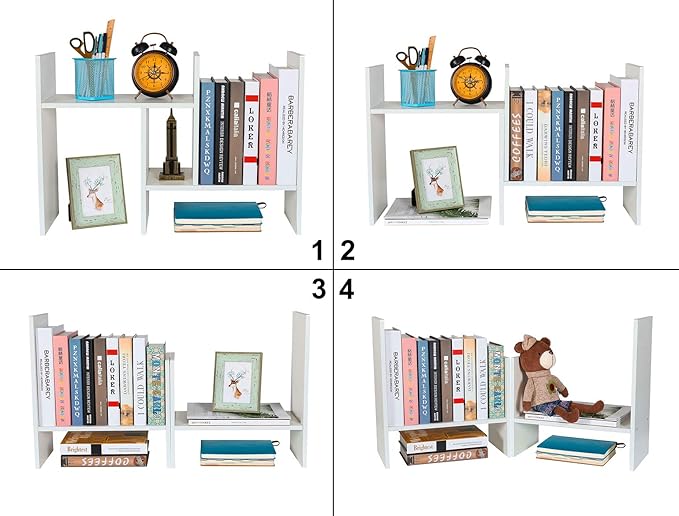 PAG Adjustable Desktop Shelf Wood Small Bookshelf Desk Supplies Organizers and Accessories Storage Display Rack Office Decor, White