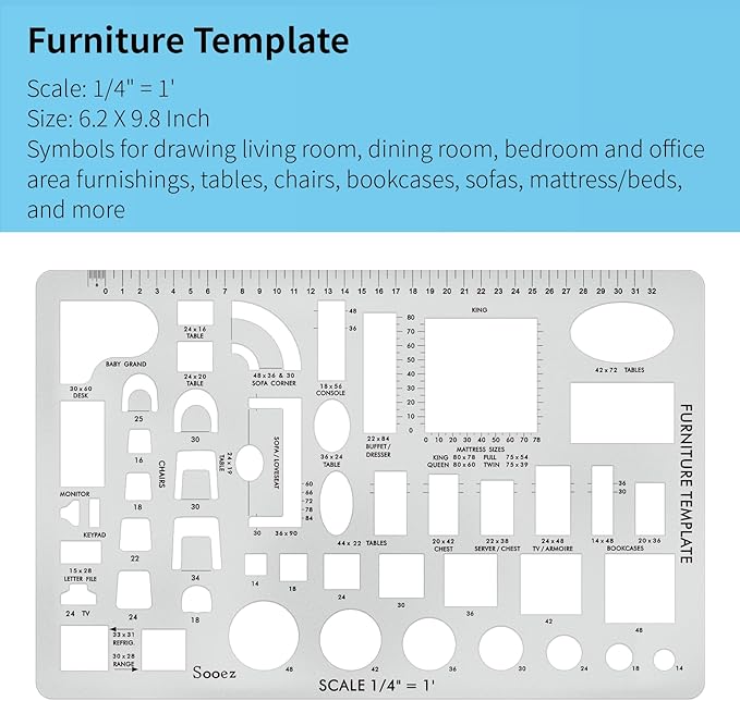 Sooez Architectural Templates, House Plan, Interior Design and Furniture Template, Drafting Tools and Supplies - Set of 3
