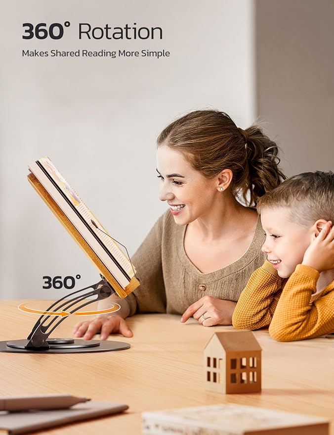 Nulaxy Bamboo 360 Rotating Book Stand for Reading, Adjustable Textbook Holder for Reading Hands-Free, Foldable Desktop Cookbook Stand with Protective Page Clips, Fits All Books - Gray