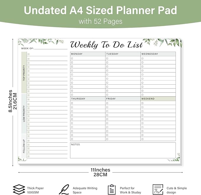 Weekly To Do List Notepad - 52 Undated Glue Bound Tear-Off Sheets (8.5"x11") for Desk Planning | Home, Work & School Organization Pad for Women & Men (Green)