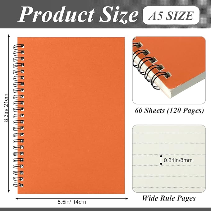 Leelosp 12 Pcs Small Spiral Notebook Lined Spiral Journal College Ruled Notebook Wire Bound Kraft Cover, 120 Pages for Work (Light Colored,5.5 x 8.3 Inch)