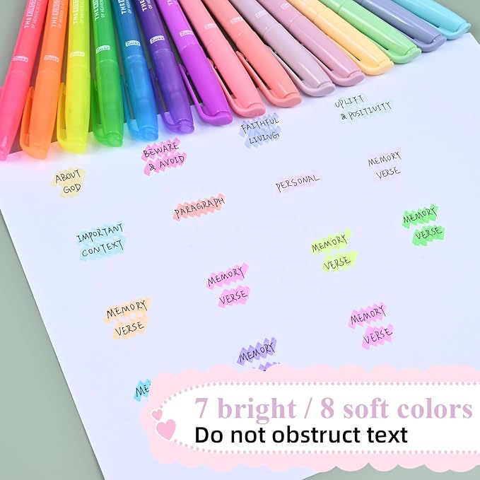 7-ackz Bible Highlighters Assorted Colors with Verses, Chisel Tip Colored Highlighter Markers Bulk Fluorescent, Dry Quick Bright Colors, Perfect for Bible Study Journaling, 15 pack