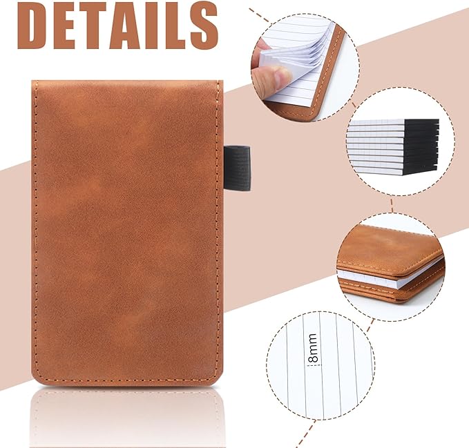 Outus 10 Pcs Mini Pocket Notepad Holder Set Included Small Leather Pocket Notebook Holder with 50 Lined Sheets, Metal Pen, 8 Pcs 3 x 5 Inch Memo Book Refills, 30 Lined Paper Per Note Pad (Camel，white)