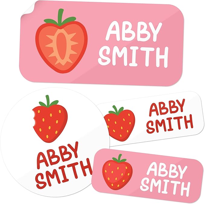 Personalized Daycare Name Labels for Kids, (130 Pack) Waterproof Custom Name Stickers for Clothing Tags, Lunch Boxes and School Supplies, Made in USA by MSC -Strawberry 2