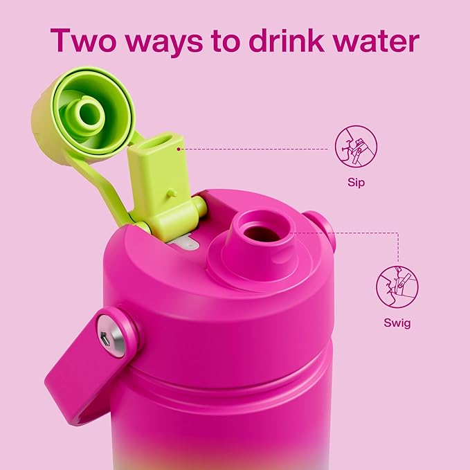 Kids Insulated Water Bottle with Straw - 12oz Stainless Steel Water Bottle with Dual Spouts, Leak-Proof, BPA-Free, Double Wall Vacuum Keeps Cold for 24 Hours for Sports, Travel, School (Lime Sorbet)