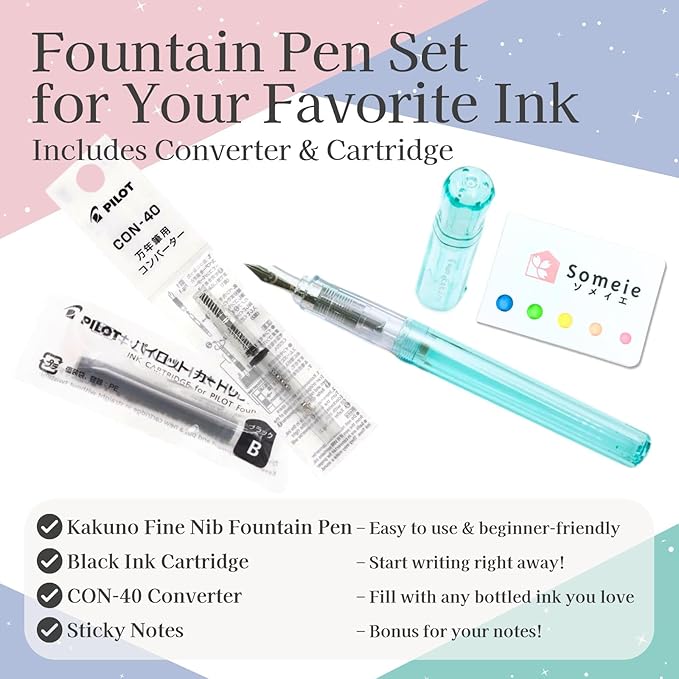 Fountain Pen Set CON-40 Converter & Kakuno Fine Nib with Black Ink Cartridge & Sticky Notes – Refillable Ink System, For Beginners, Calligraphy (Green FKA-1SR-KBOG-F)