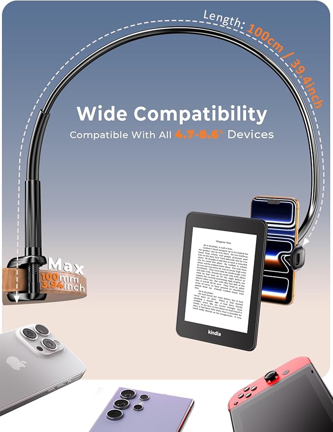 Gooseneck Kindle & Phone Holder for Bed: Flexible Long Arm Clamp Mount for Hands-Free Reading, Bedside Desk Headboard Stand, Compatible with iPhone 17 Pro Max Kindle Kobo & 4.7–8.6 Inch Devices