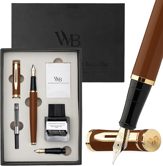 Wordsworth & Black Fountain Pen Set, 18K Gilded Medium and Extra Fine Nib, 25ML Black Bottle, 6 Ink Cartridges, Refill Converter, Smooth Writing Pens [Brown Gold], Gift Set for Men and Women