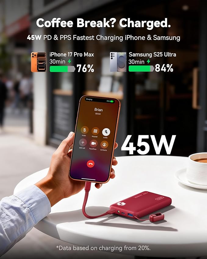 INIU 45W Fast Charging Portable Charger, 40% Smaller 10000mAh with Detachable Cable, Flight-Safe Travel Power Bank, USB C External Phone Battery Pack for Long Flight, Vacation, Cruise, Teens, Red